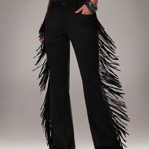 Black Women's Casual Flared Leg Faux Suede Fringe Side Pants